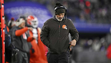 Jan 4, 2025; Baltimore, Maryland, USA; Cleveland Browns head coach Kevin Stefanski looks on during the second quarter against the Baltimore Ravens at M&T Bank Stadium. Mandatory Credit: Tommy Gilligan-Imagn Images