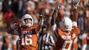 Manning (#16) had a lot to celebrate about in Texas‘ big win over Arkansas. 