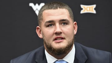West Virginia Mountaineers offensive lineman Wyatt Milum speaks to the media during the Big 12 Media Days at Allegiant Stadium.