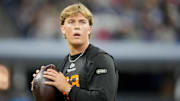 Mississippi quarterback Jaxson Dart (QB03) during the 2025 NFL Combine at Lucas Oil Stadium. 