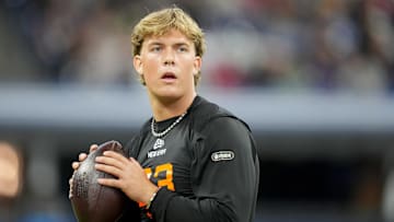 Mississippi quarterback Jaxson Dart (QB03) during the 2025 NFL Combine at Lucas Oil Stadium. 