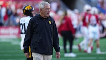 Oct 11, 2025; Madison, Wisconsin, USA; Iowa Hawkeyes head coach Kirk Ferentz looks on during warmups before the game against the Wisconsin Badgers at Camp Randall Stadium. Mandatory Credit: Ross Harried-Imagn Images