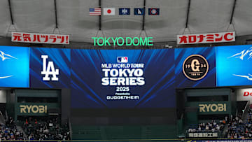 Mar 15, 2025; Bunkyo, Tokyo, Japan;  A view of the main scoreboard before the game between the Los Angeles Dodgers and the Yomiuri Giants at Tokyo Dome. Mandatory Credit: Darren Yamashita-Imagn Images
