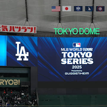 Mar 15, 2025; Bunkyo, Tokyo, Japan;  A view of the main scoreboard before the game between the Los Angeles Dodgers and the Yomiuri Giants at Tokyo Dome. Mandatory Credit: Darren Yamashita-Imagn Images