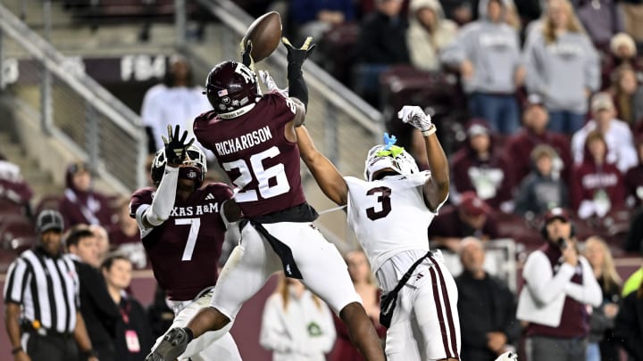 Nov 11, 2023; College Station, Texas, USA; Texas A&M Aggies defensive back Demani Richardson (26) breaks up a pass in the end zone intended for Mississippi State Bulldogs wide receiver Justin Robinson (3) at Kyle Field. Mandatory Credit: Maria Lysaker-USA TODAY Sports