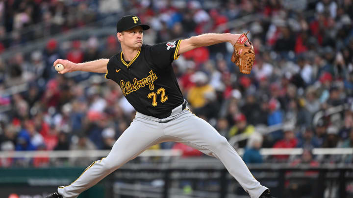 Apr 1, 2024; Washington, District of Columbia, USA; Pittsburgh Pirates relief pitcher Ryder Ryan (72) pitches against the Washington Nationals at Nationals Park. Mandatory Credit: Rafael Suanes-USA TODAY Sports