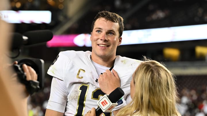 Aug 31, 2024; College Station, Texas, USA; Notre Dame Fighting Irish quarterback Riley Leonard (13) speaks during a post game interview at Kyle Field against the Texas A&M Aggies.