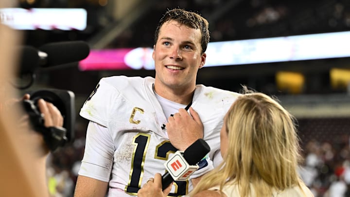 Aug 31, 2024; College Station, Texas, USA; Notre Dame Fighting Irish quarterback Riley Leonard (13) speaks during a post game interview at Kyle Field against the Texas A&M Aggies. Mandatory Credit: Maria Lysaker-Imagn Images