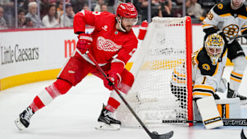 Detroit Red Wings' forward Michael Rasmussen makes a move towards the net against the Boston Bruins.