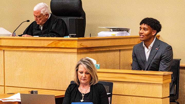 Ole Miss quarterback Trinidad Chambliss testifies during the hearing in his lawsuit against the NCAA at Calhoun County Courthouse in Pittsboro, Miss., on Thursday, Feb. 12, 2026. Chambliss is looking for a temporary injunction and a permanent injunction against the NCAA for one more year of eligibility.