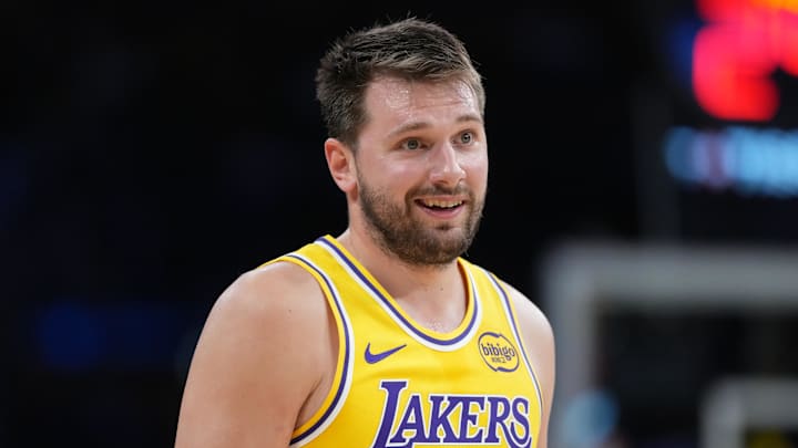 Mar 6, 2026; Los Angeles, California, USA; Los Angeles Lakers guard Luka Doncic (77) reacts against the Indiana Pacers in the second half at Crypto.com Arena. Mandatory Credit: Kirby Lee-Imagn Images