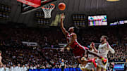 Nov 15, 2024; West Lafayette, Indiana, USA; Alabama Crimson Tide guard Aden Holloway (2) shoots the ball in front of Purdue Boilermakers guard Braden Smith (3) during the first half at Mackey Arena. Mandatory Credit: Marc Lebryk-Imagn Images