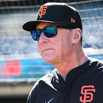 Jun 20, 2025; San Francisco, California, USA; San Francisco Giants manager Bob Melvin looks on before their game against the Boston Red Sox at Oracle Park
