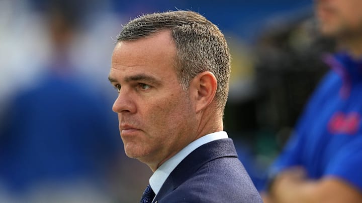 Dec 8, 2024; Inglewood, California, USA; Buffalo Bills general manager Brandon Beane reacts during the game against the Los Angeles Rams at SoFi Stadium. Mandatory Credit: Kirby Lee-Imagn Images