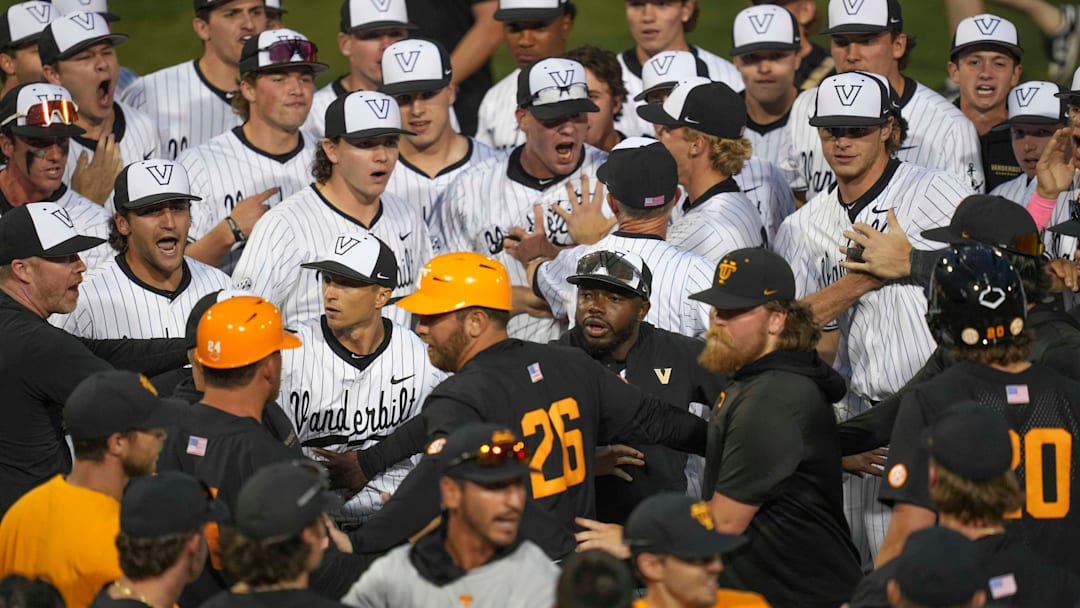 The Vanderbilt and Tennessee baseball team argue after a NCAA baseball game between the Tennessee Volunteers and Vanderbilt Commodores at Lindsey Nelson Stadium on May 11, 2025. Vanderbilt won 7-5 against Tennessee.
