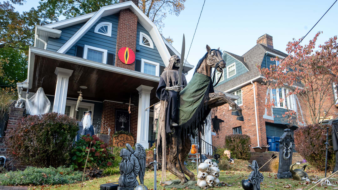 Halloween decorations outside the front of a house on Clinton Place in Hackensack on Thursday, Oct. 24, 2024. This block features over a dozen decorated spooky houses.