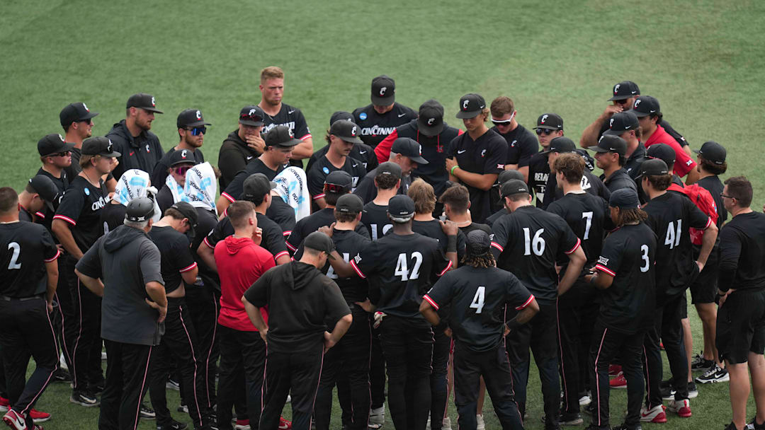 The Cincinnati baseball team meet on the field after losing a NCAA regional baseball game between the Cincinnati Bearcats and Wake Forest Demon Deacons at Lindsey Nelson Stadium in Knoxville, Tenn., on June 1, 2025.