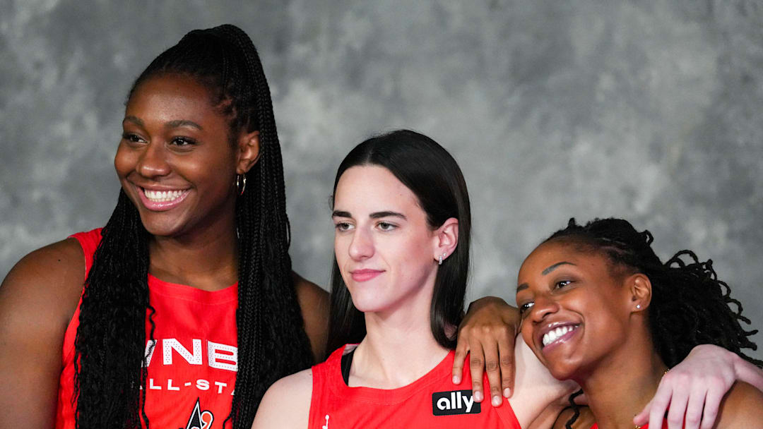 Indiana Fever's Aliyah Boston (7), Caitlin Clark (22) and Kelsey Mitchell (0) take a phot before the 2025 WNBA All-Star Game on Saturday, July 19, 2025, at Gainbridge Fieldhouse in Indianapolis.