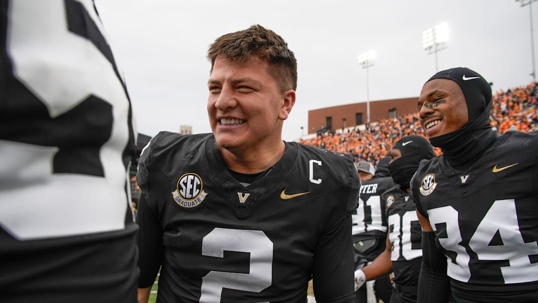 Vanderbilt quarterback Diego Pavia (2) mingles with teammates after the game at FirstBank Stadium in Nashville, Tenn., Saturday, Nov. 30, 2024.