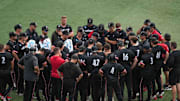 The Cincinnati baseball team meet on the field after losing a NCAA regional baseball game between the Cincinnati Bearcats and Wake Forest Demon Deacons at Lindsey Nelson Stadium in Knoxville, Tenn., on June 1, 2025.