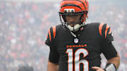 Bengals Joe Flacco (16) enters the field before their game against the Bears at Paycor Stadium on Sunday November 2, 2025.