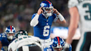New York Giants quarterback Jaxson Dart (6) calls a play from the backfield during a Thursday Night Football game between the New York Giants and the Philadelphia Eagles at MetLife Stadium in East Rutherford on Oct. 9, 2025.