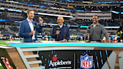 NBC Sports broadcasters Jac Collinsworth, Tony Dungy and Rodney Harrison on the Sunday Night Football set at SoFi Stadium