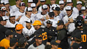 The Vanderbilt and Tennessee baseball team argue after a NCAA baseball game between the Tennessee Volunteers and Vanderbilt Commodores at Lindsey Nelson Stadium on May 11, 2025. Vanderbilt won 7-5 against Tennessee.