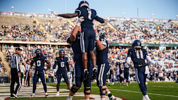 Nov 1, 2025; East Hartford, Connecticut, USA; UConn Huskies wide receiver Skyler Bell (1) celebrates after his touchdown against the UAB Blazers in the first quarter at Pratt & Whitney Stadium at Rentschler Field. Mandatory Credit: David Butler II-Imagn Images