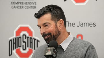 Ohio State University football coach Ryan Day talks with the media Wednesday, December 4, 2024 after the devastating loss to Michigan for the fourth straight year. The news conference was held in the Woody Hayes Athletic Center football team meeting room in Columbus.