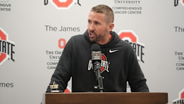 Ohio State Football offensive coordinator Brian Hartline talks during an April 7, 2025 news conference at the Woody Hayes Athletic Center.
