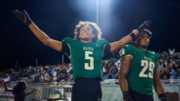 Basha Bears wide receiver Gio Richardson (5) and running back Noah Roberts (29) react to an incomplete pass by the American Leadership Academy Patriots in the dying moments of the game at Basha High School in Chandler on Nov. 17, 2023.