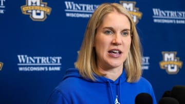 Marquette Golden Eagles Women   s Head Coach Megan Duffy speaks during the sendoff for the Marquette Women   s Basketball team that made it to the 2023 NCAA Tournament Wednesday, March 15, 2023, at Al McGuire Center - Marquette Campus in Milwaukee.

Mjs 03152023 Mu Sendoff Ec207272 1