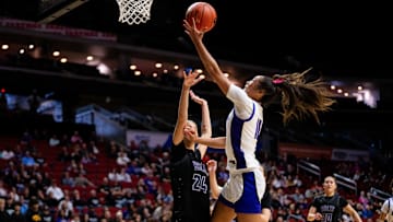 Johnston's Jenica Lewis (10) drives to the basket against Iowa City Liberty's Madilyn Meyer (24) on Monday, March 3, 2025, at Wells Fargo Arena.