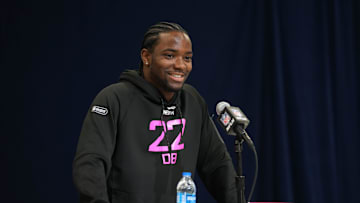 Notre Dame defensive back Benjamin Morrison speaks to the media at the 2025 NFL combine.
