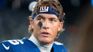 New York Giants quarterback Jaxson Dart (6) talks with players after winning the Thursday Night Football game between the New York Giants and the Philadelphia Eagles at MetLife Stadium in East Rutherford on Oct. 9, 2025.