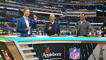 NBC Sports broadcasters Jac Collinsworth, Tony Dungy and Rodney Harrison on the Sunday Night Football set at SoFi Stadium