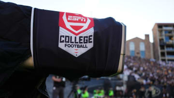 Aug 29, 2024; Boulder, Colorado, USA; Detail view of a ESPN college football emblem on a end zone broadcast camera during the first half between the North Dakota State Bison against the Colorado Buffaloes at Folsom Field. Mandatory Credit: Ron Chenoy-USA TODAY Sports