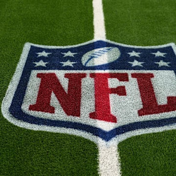 Sep 8, 2024; Inglewood, California, USA; The NFL shield logo at SoFi Stadium. Mandatory Credit: Kirby Lee-Imagn Images