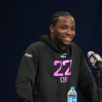 Notre Dame defensive back Benjamin Morrison speaks to the media at the 2025 NFL combine.