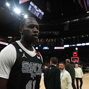 April 8, 2023; Austin, TX, USA; San Antonio Spurs center Gorgui Dieng (41) leaves the court after the 131-151 loss to the Minnesota Timberwolves at the Moody Center on Saturday, April 8, 2023 in Austin. Mandatory Credit: Aaron E. Martinez-USA TODAY NETWORK