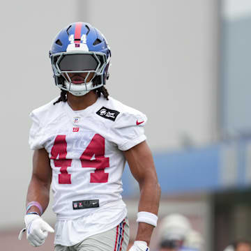 Jul 25, 2024; East Rutherford, NY, USA; New York Giants cornerback Nick McCloud (44) participates in a drill during training camp at Quest Diagnostics Training Center.  