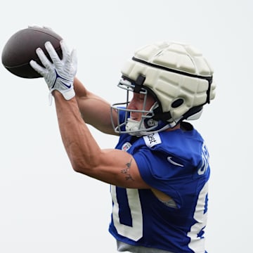 Jul 25, 2024; East Rutherford, NY, USA; New York Giants wide receiver Gunner Olszewski (80) catches a pass during training camp at Quest Diagnostics Training Center.  