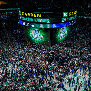 Jun 17, 2024; Boston, Massachusetts, USA; General view after the Boston Celtics celebrate defeating the Dallas Mavericks in game five to win the 2024 NBA Finals at TD Garden. Mandatory Credit: David Butler II-USA TODAY Sports