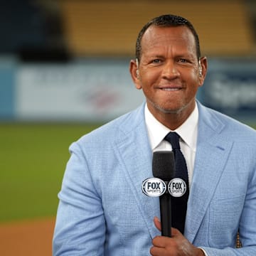 Oct 26, 2024; Los Angeles, California, USA; Fox Sports broadcaster Alex Rodriguez speaks on field after game two between the Los Angeles Dodgers and the New York Yankees in the 2024 MLB World Series at Dodger Stadium. Mandatory Credit: Kirby Lee-Imagn Images
