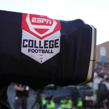 Aug 29, 2024; Boulder, Colorado, USA; Detail view of a ESPN college football emblem on a end zone broadcast camera during the first half between the North Dakota State Bison against the Colorado Buffaloes at Folsom Field.