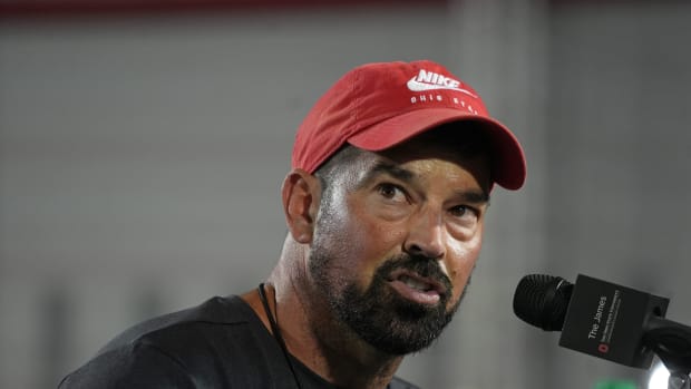 Aug 22, 2024; Columbus, Ohio, USA; Ohio State University head football coach Ryan Day speaks during the Ohio State football t