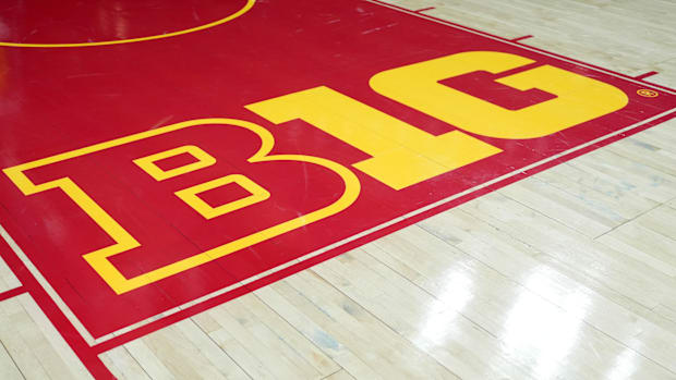 Nov 13, 2024; Los Angeles, California, USA; The Big Ten Conference logo on the court at Galen Center. Mandatory Credit: Kirby