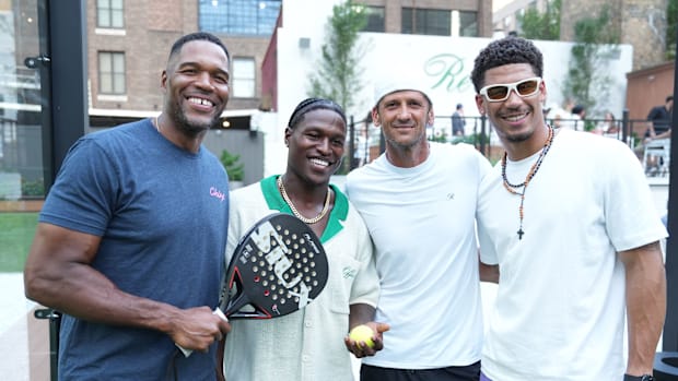 Michael Strahan, Darnay Holmes, Wayne Boich, Allen Lazard at Reserve Padel. 