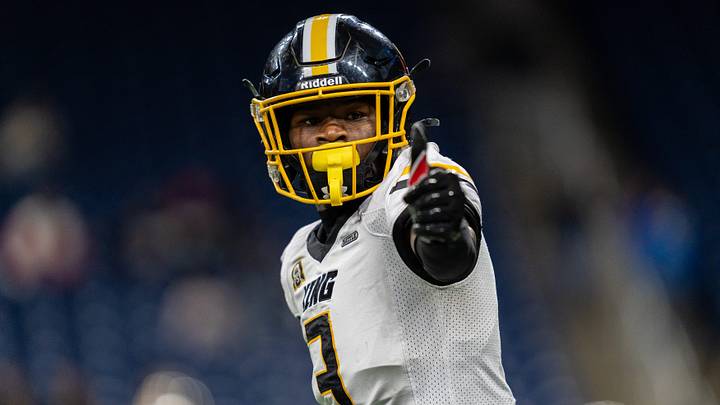 Detroit King Darryl Flemister (3) gives a thumbs up to the sideline as he lines up on the line of scrimmage during the Prep Bowl against Detroit Catholic Central at Ford Field in Detroit on Saturday, Oct. 25, 2025.